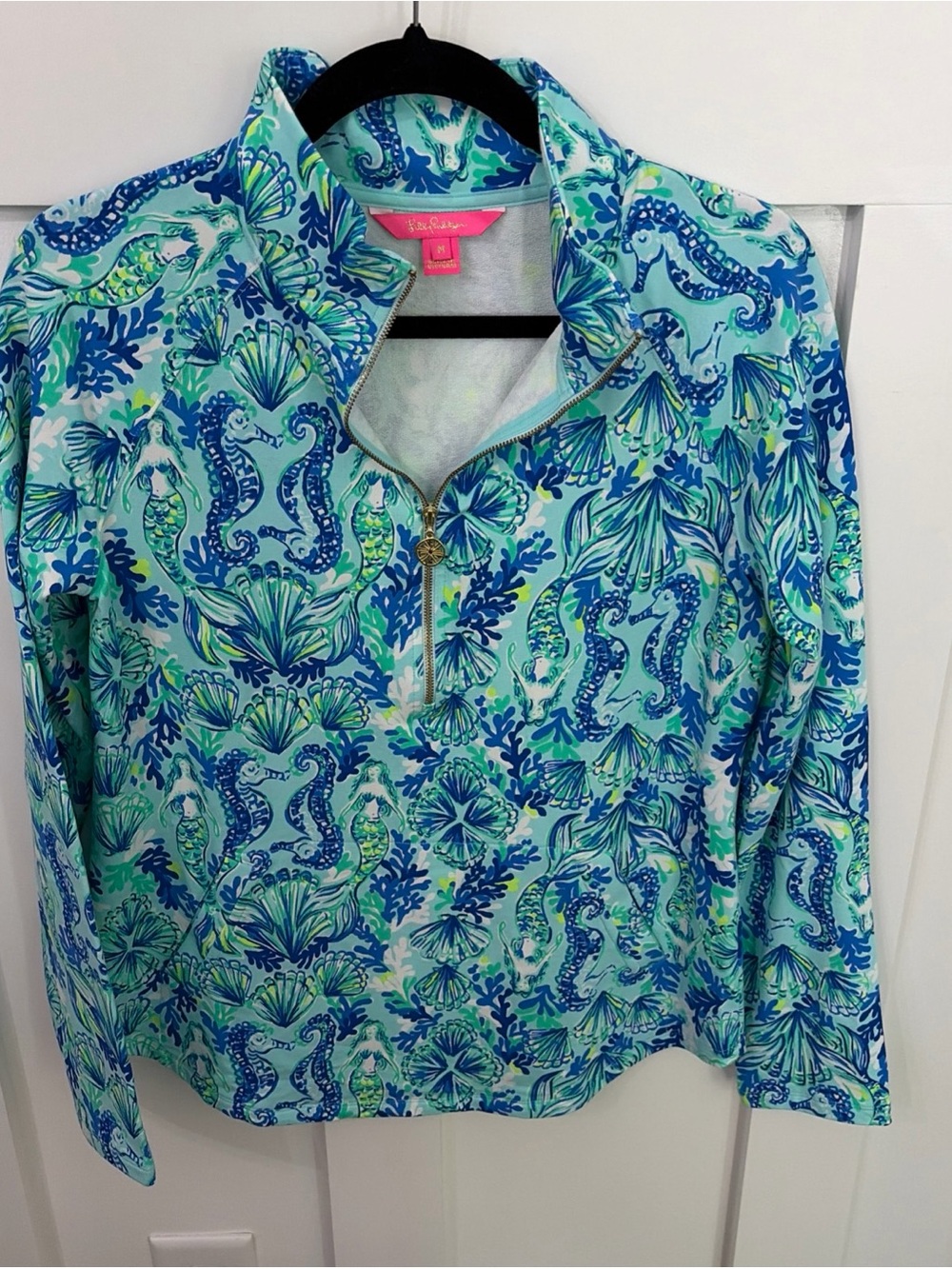 Lilly Pulitzer Aqua and Blue Seahorse Quarter-Zip Pullover